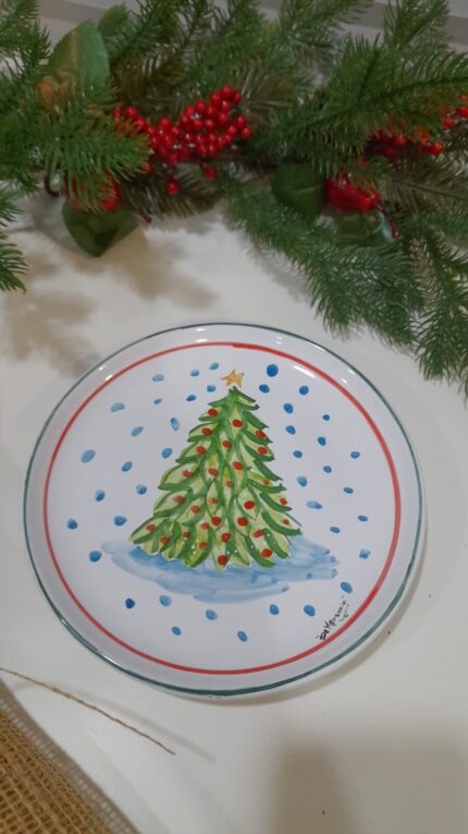 Piatto in ceramica Diam.20 cm Con Decoro Albero innevato